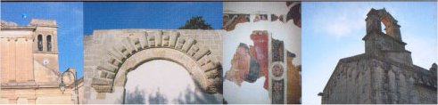 Dettagli architettonici di Galugnano: campanile, arco in pietra leccese, affresco e la chiesa parrocchiale