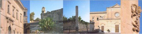 Altri scorci di Galugnano: un palazzo storico, una chiesa con una palma, un menhir, un'altra chiesa e un dettaglio scolpito in pietra